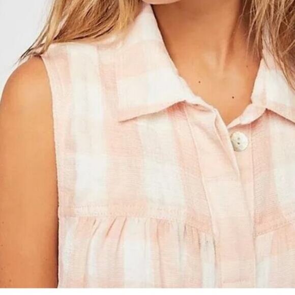 Free People Women's Hey There Button-Down Sunrise Blouse Plaid Pink Small - Picture 9 of 9